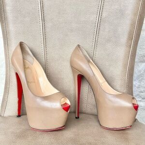 Christian Louboutin Highness 160 Nude Tan Platform Red Peep Toe Euro 38 1/2